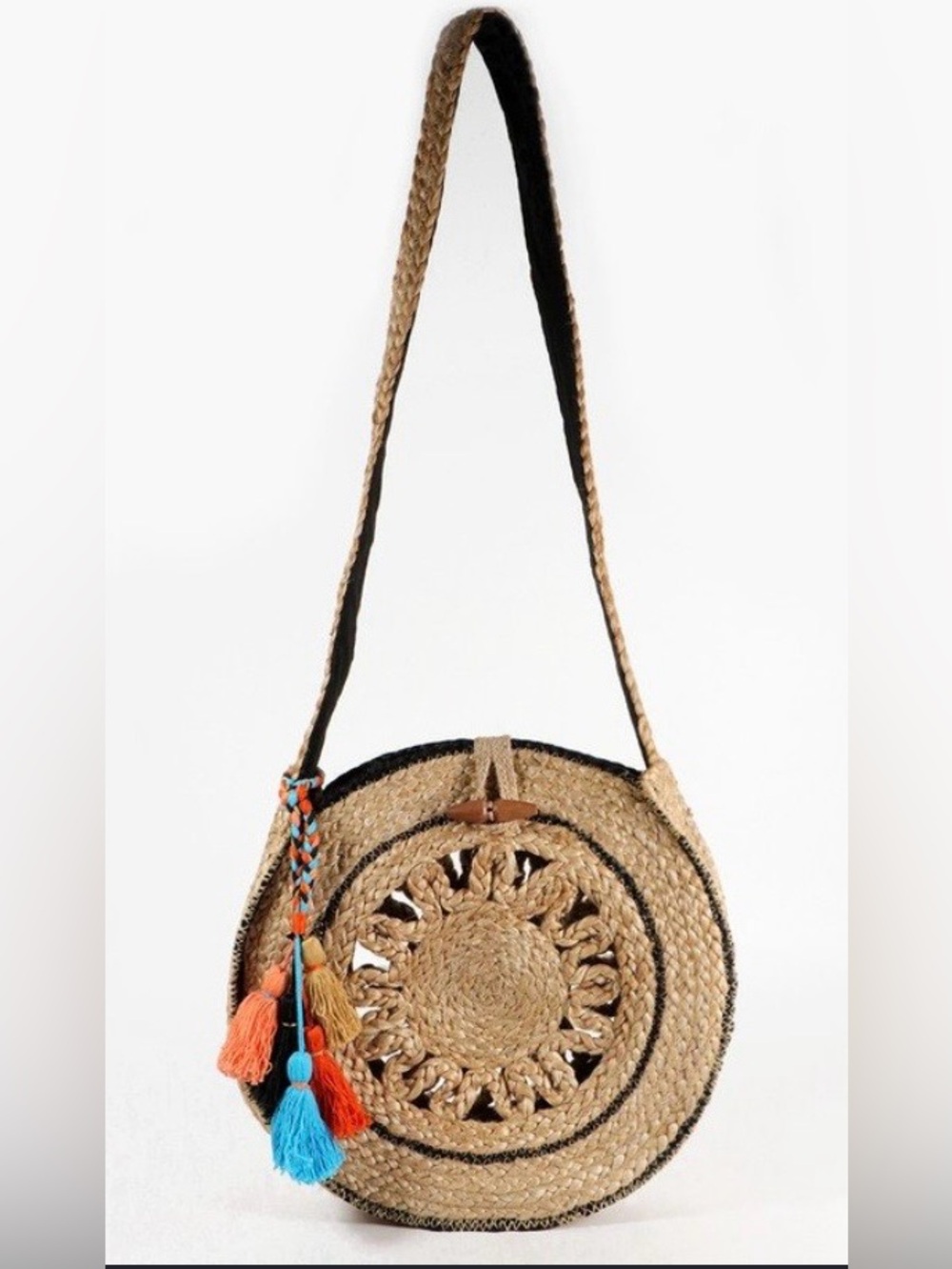 Ruggine Tassel 100% Jute Circle Shoulder Tote Bag Handmade Large NWOT